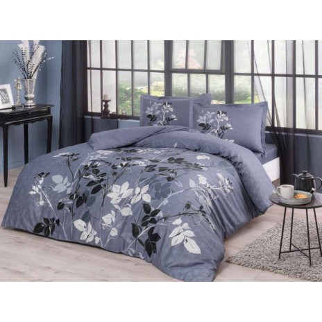 Lenjerie de pat TAC Clement Mor cu design floral albastru pe bumbac 100% mako-satin, include cearceaf, husă de pilotă și fețe de pernă