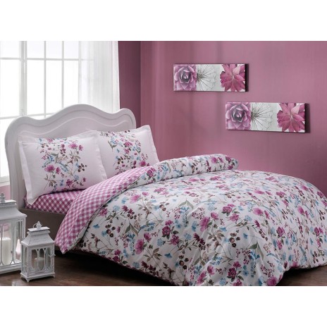 Lenjerie de pat din bumbac 100% satinat Tac Drina cu model floral roz, mov, albastru și verde pe fundal alb