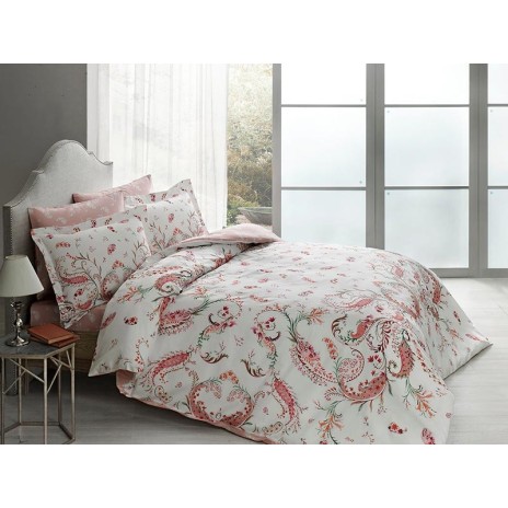 Lenjerie de pat din bumbac 100% satinat Tac cu model floral în nuanțe de roz și verde pe fundal alb
