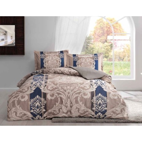Lenjerie de pat TAC Ethan cu design baroc albastru bej, detalii florale și geometrice, pe bumbac 100% satinat, include cearceaf, husă de pilotă și fețe de pernă
