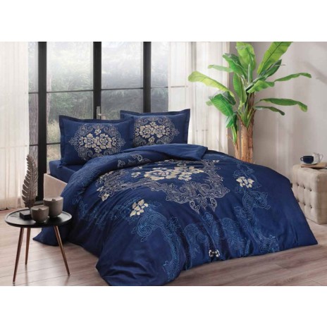 Lenjerie de pat dublu satin de lux TAC model Florian lacivert cu imprimeu floral baroc, fabricată din 100% bumbac satinat.