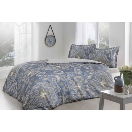 Lenjerie de pat TAC Kendal Mavi cu design elegant albastru pe bumbac 100% mako-satin, include cearceaf, husă de pilotă și fețe de pernă
