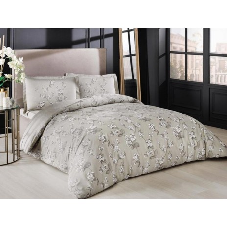 Lenjerie de pat din bumbac 100% satinat Tac cu model floral alb și gri pe fundal bej deschis