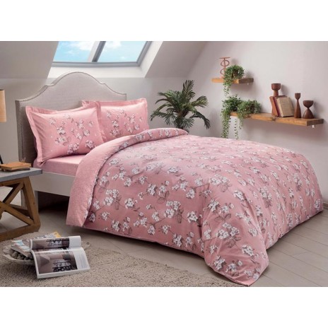 Lenjerie de pat din bumbac 100% satinat Tac cu model floral alb și gri pe fundal roz pastel