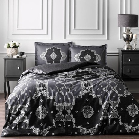 Lenjerie de pat geometric gri și alb din bumbac satinat TAC, model Loren, set complet