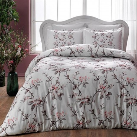 Lenjerie de pat din bumbac satinat floral alb cu nuanțe roz și maro Tac
