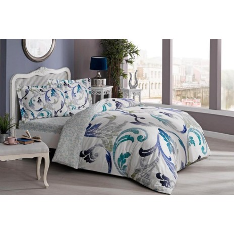 Lenjerie de pat bumbac 100% satinat TAC Marlene, alb-albastru, design floral, 4 piese