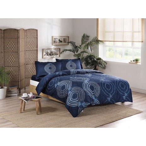 Lenjerie de pat din bumbac satinat albastru cu model geometric