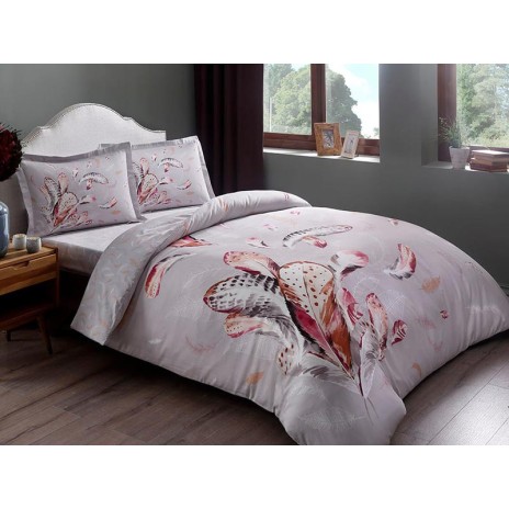 Lenjerie de pat TAC din bumbac 100% mako satin, model floral în nuanțe de roz și gri