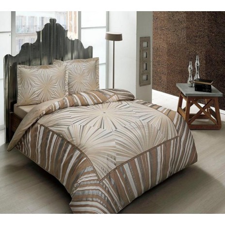Lenjerie de pat din satin de lux model Venus Khave bej-maro cu design geometric
