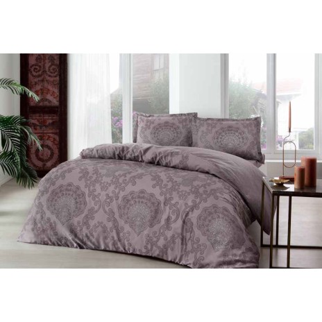 Lenjerie de pat TAC Violet Murdum cu design floral mov și violet pe bumbac 100% satinat, include cearceaf de pat, husă de pilotă și fețe de pernă