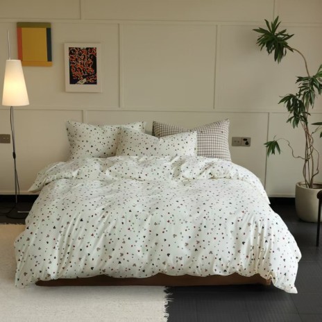 Lenjerie de pat bumbac tricot cu elastic crem cu imprimeu inimioare multicolore