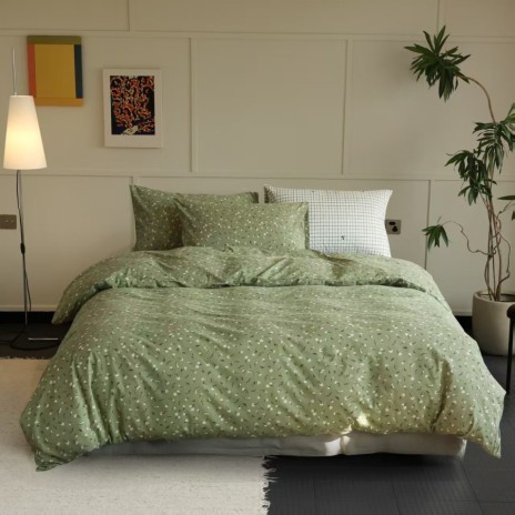 Lenjerie de pat bumbac tricot cu elastic verde măsliniu cu imprimeu floricele albe