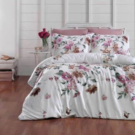 Lenjerie de pat bumbac satin de lux 6 piese First Choice Serra Roz cu imprimeu floral elegant