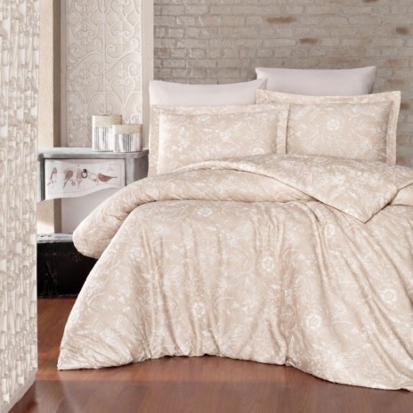 Lenjerie de pat First Choice Advina Champagne bumbac satinat 220 TC cu flori albe pe fundal crem champagne