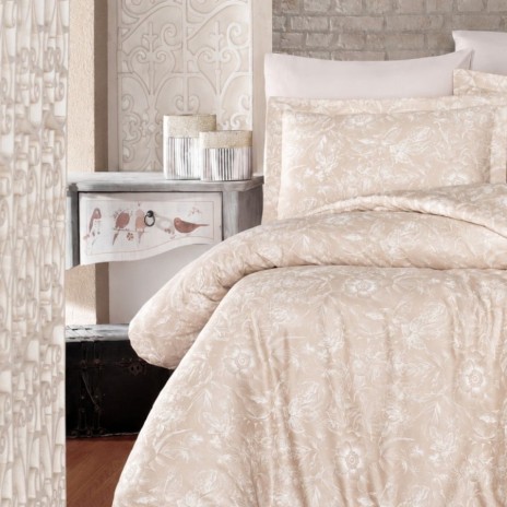 Lenjerie de pat First Choice Advina Champagne bumbac satinat 220 TC cu flori albe pe fundal crem champagne