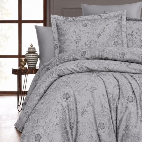 Lenjerie de pat First Choice Advina Gri bumbac satinat 220 TC cu imprimeu floral gri argintiu ton pe ton