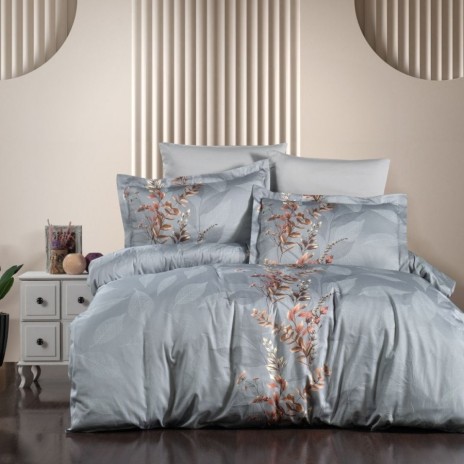 Lenjerie de pat bumbac satin de lux 6 piese First Choice Alice Albert Gri cu imprimeucu frunze elegant pe fundal gri