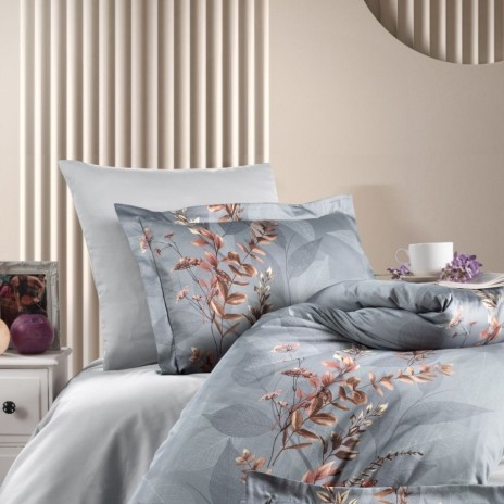 Lenjerie de pat bumbac satin de lux 6 piese First Choice Alice Albert Gri cu imprimeucu frunze elegant pe fundal gri