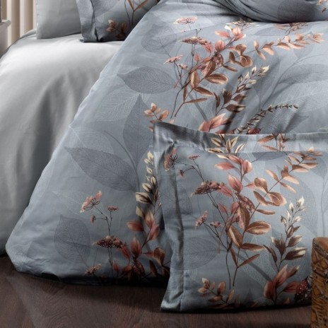 Lenjerie de pat bumbac satin de lux 6 piese First Choice Alice Albert Gri cu imprimeucu frunze elegant pe fundal gri