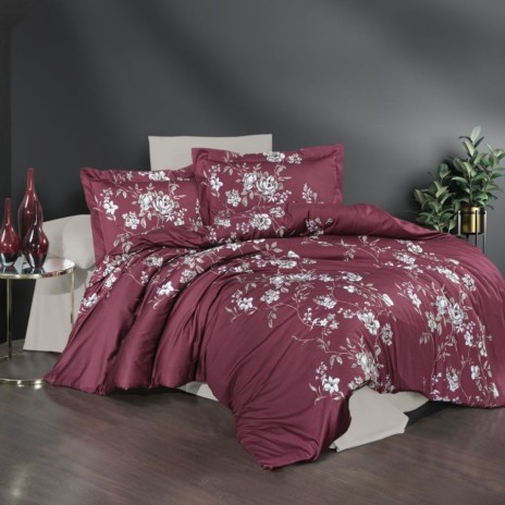 Lenjerie de pat First Choice Arya Rose bumbac satinat 220 TC cu trandafiri albi pe fundal bordo visiniu