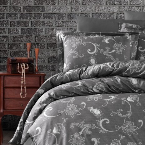 Lenjerie de pat First Choice Carmina Antracit bumbac satinat 220 TC model floral cu arabescuri gri argintiu