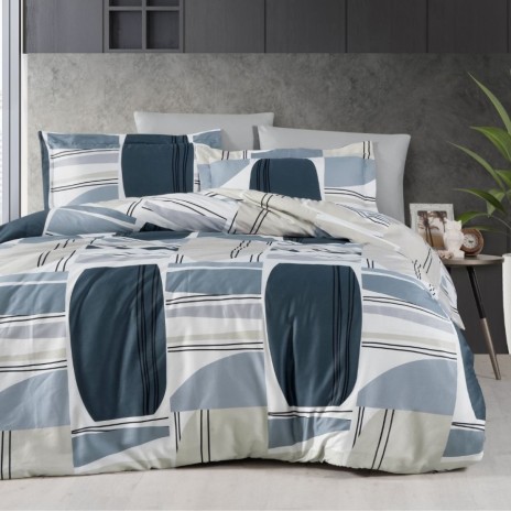 Lenjerie de pat First Choice Damian bumbac satinat 220 TC model geometric albastru petrol bleu gri si alb