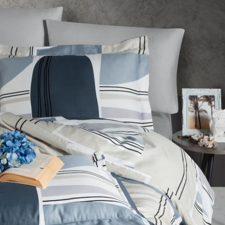 Lenjerie de pat First Choice Damian bumbac satinat 220 TC model geometric albastru petrol bleu gri si alb