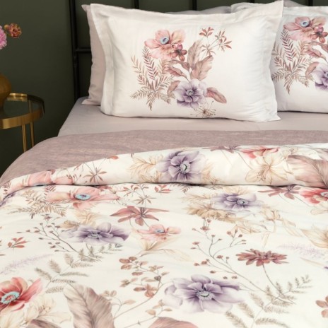 Lenjerie de pat First Choice Ervona bumbac satinat 220 TC flori roz lila si piersiciu pe fond crem