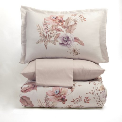 Lenjerie de pat First Choice Ervona bumbac satinat 220 TC flori roz lila si piersiciu pe fond crem
