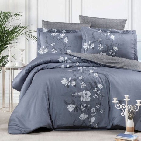 Lenjerie de pat First Choice Evan Indigo bumbac satinat 220 TC cu flori albe pe fond albastru gri
