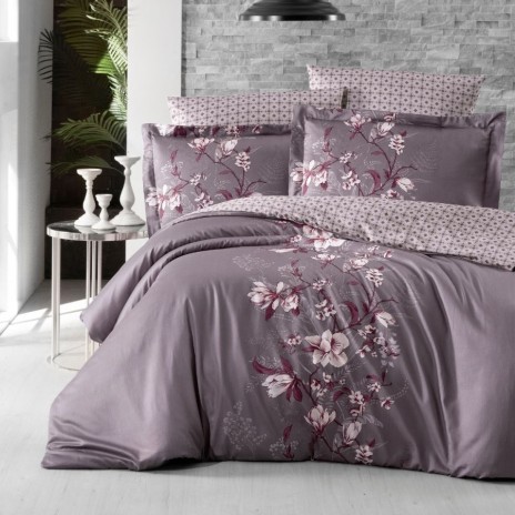 Lenjerie de pat bumbac satin de lux 6 piese First Choice Evan Lila cu imprimeu floral elegant pe fundal mov