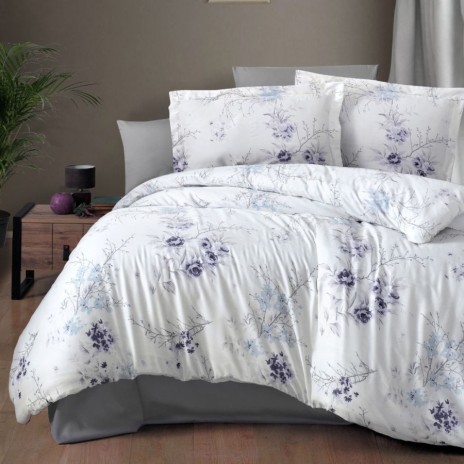 Lenjerie de pat bumbac satin de lux 6 piese First Choice Leena Lila cu imprimeu floral delicat pe fundal deschis