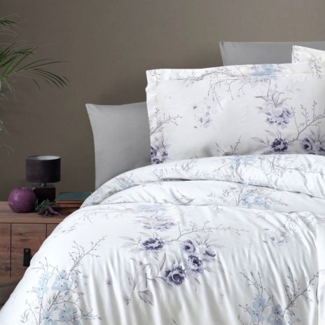 Lenjerie de pat bumbac satin de lux 6 piese First Choice Leena Lila cu imprimeu floral delicat pe fundal deschis