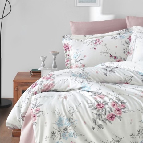 Lenjerie de pat bumbac satin de lux 6 piese First Choice Leena roz cu imprimeu floral delicat pe fundal deschis