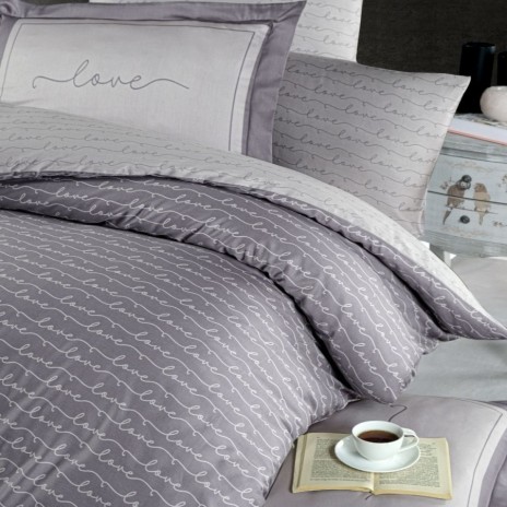 Lenjerie de pat bumbac satin de lux 6 piese First Choice Love gri cu imprimeu modern love