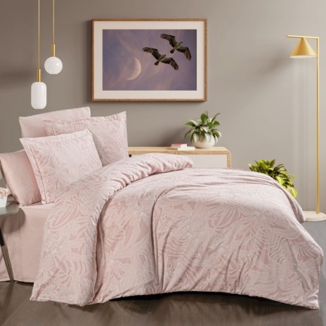 Lenjerie de pat First Choice Lucas Roz Pudra bumbac satinat 220 TC cu imprimeu frunze tropicale roz pal