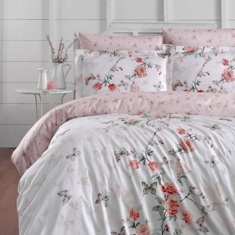 Lenjerie de pat bumbac satin de lux 6 piese First Choice Matilde alba cu flori roz piersiciu si fluturi
