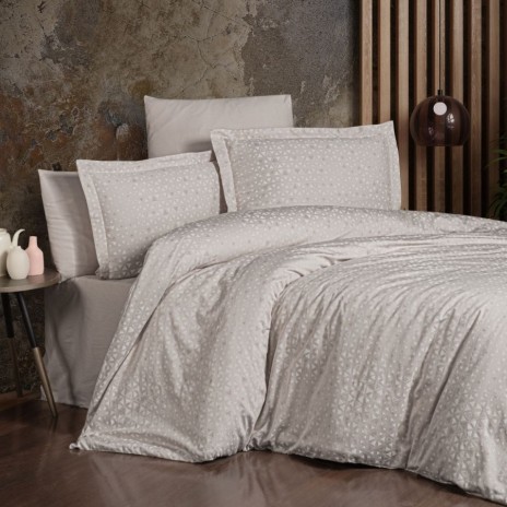 Lenjerie de pat bumbac satin de lux 6 piese First Choice Megan Bej cu imprimeu geometric modern ,triunghiuri