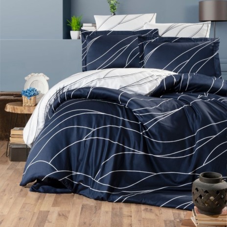 Lenjerie de pat bumbac satin de lux 6 piese First Choice Mesi Albastru cu design modern albastru navy si linii
