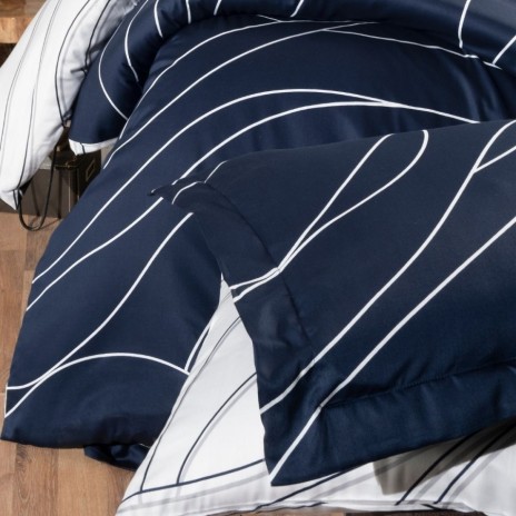Lenjerie de pat bumbac satin de lux 6 piese First Choice Mesi Albastru cu design modern albastru navy si linii