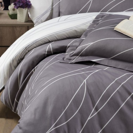 Lenjerie de pat bumbac satin de lux 6 piese First Choice Mesi gri cu design modern si linii