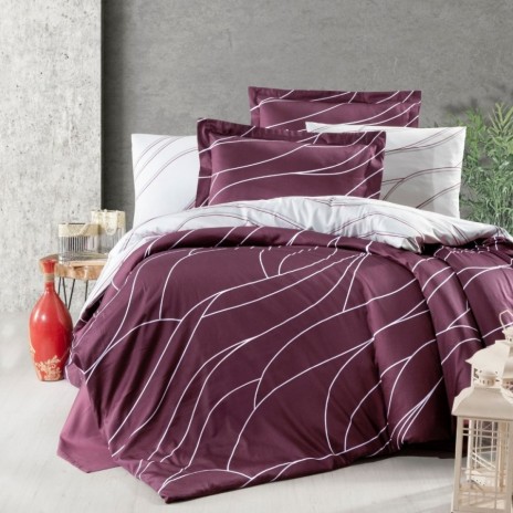 Lenjerie de pat bumbac satin de lux 6 piese First Choice Mesi Bordo cu design modern si linii albe