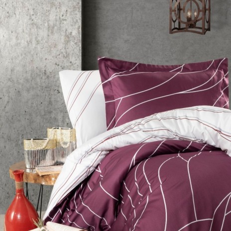 Lenjerie de pat bumbac satin de lux 6 piese First Choice Mesi Bordo cu design modern si linii albe