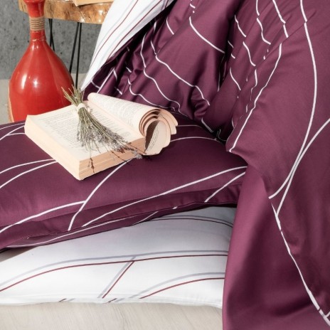 Lenjerie de pat bumbac satin de lux 6 piese First Choice Mesi Bordo cu design modern si linii albe