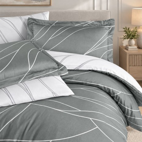Lenjerie de pat First Choice Mesi Moonmist bumbac satinat 220 TC gri verzui cu linii albe model geometric
