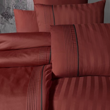 Lenjerie de pat bumbac satin de lux 6 piese First Choice Moda Life Cinnamon cu model in dungi satinate si detalii contrastante