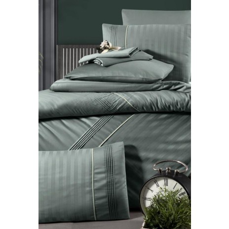 Lenjerie de pat din bumbac satin, 6 piese, model Moda Life, verde, design cu dungi discrete