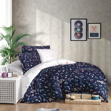 Lenjerie de pat bumbac satin de lux 6 piese First Choice Muses cu design modern bleumarin si note muzicale