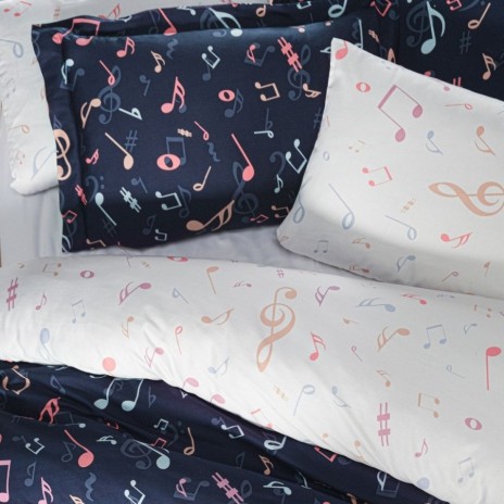 Lenjerie de pat bumbac satin de lux 6 piese First Choice Muses cu design modern bleumarin si note muzicale